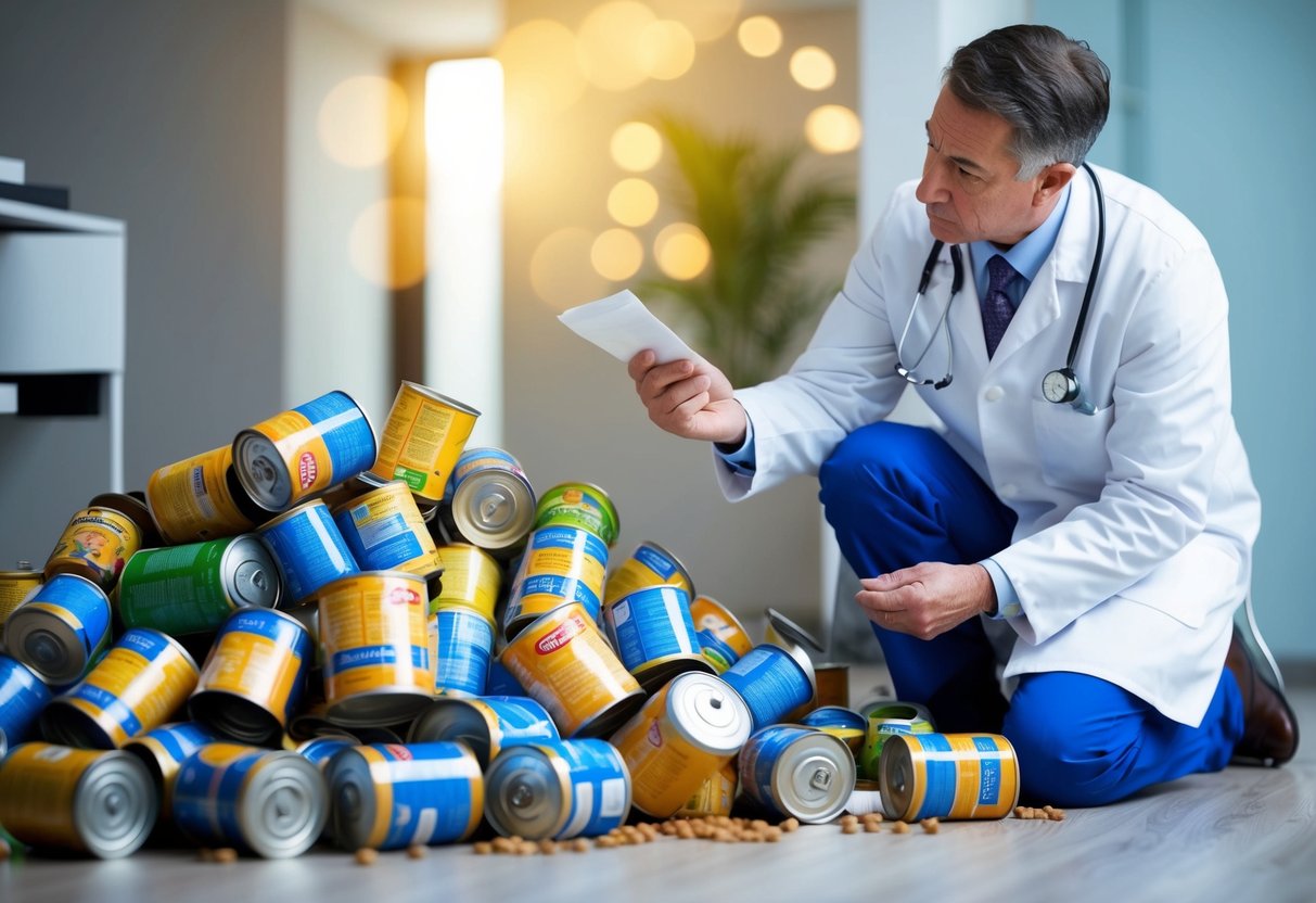 A pile of dog food cans and bags scattered on the floor, with a concerned veterinarian examining the labels and contents