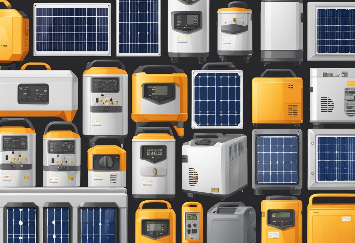 A variety of solar generators displayed with price tags