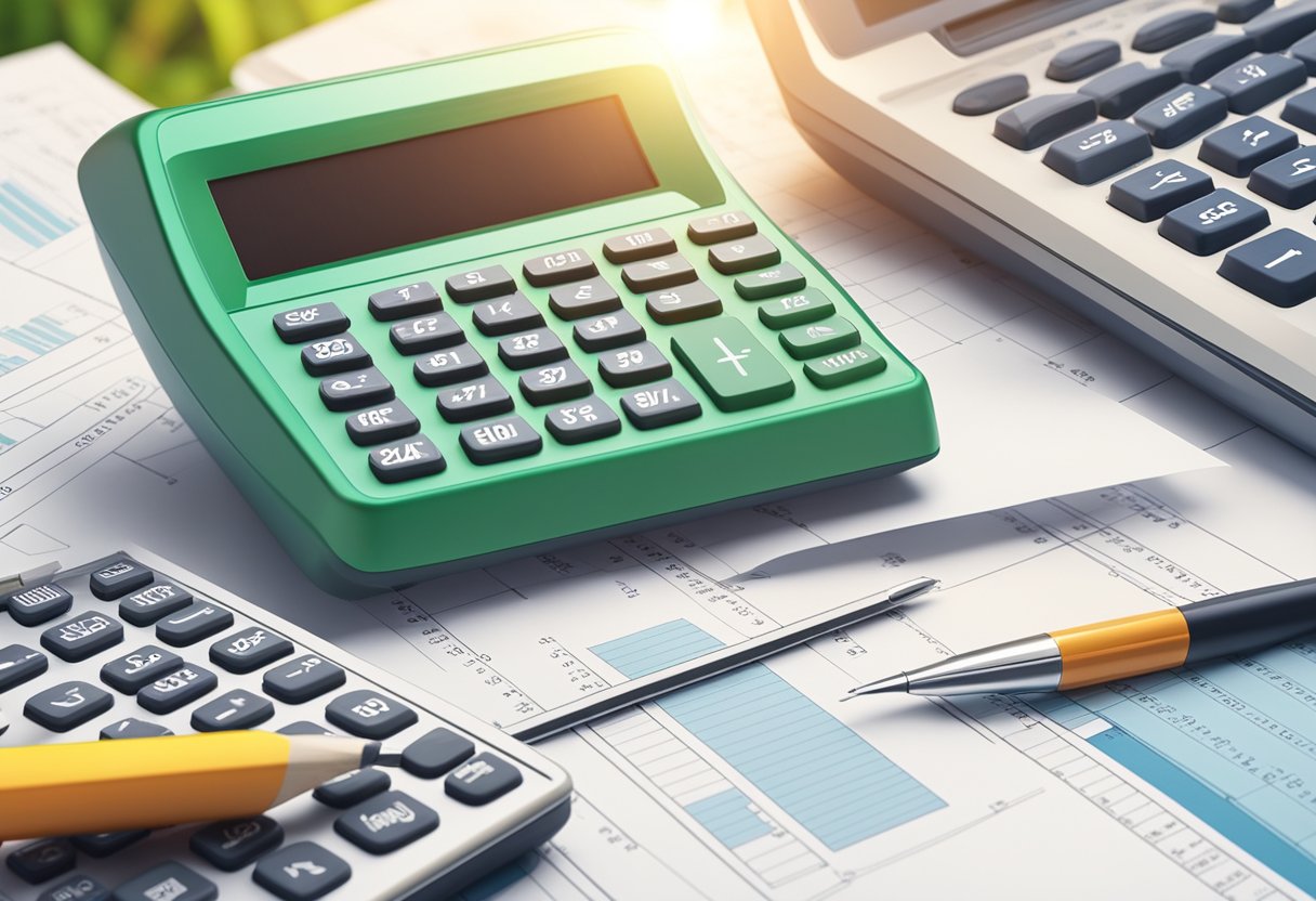 A solar generator sits next to a calculator and financial documents, symbolizing the evaluation of its return on investment