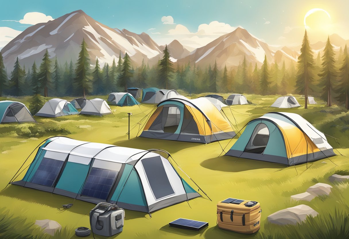 A campsite with solar panels set up to generate power, surrounded by tents and outdoor gear