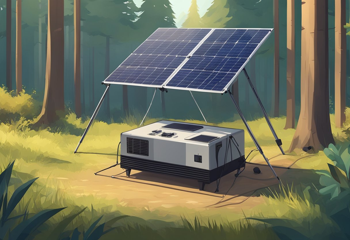 A solar generator sits on the ground next to a tent in a forest clearing, with a solar panel angled towards the sun