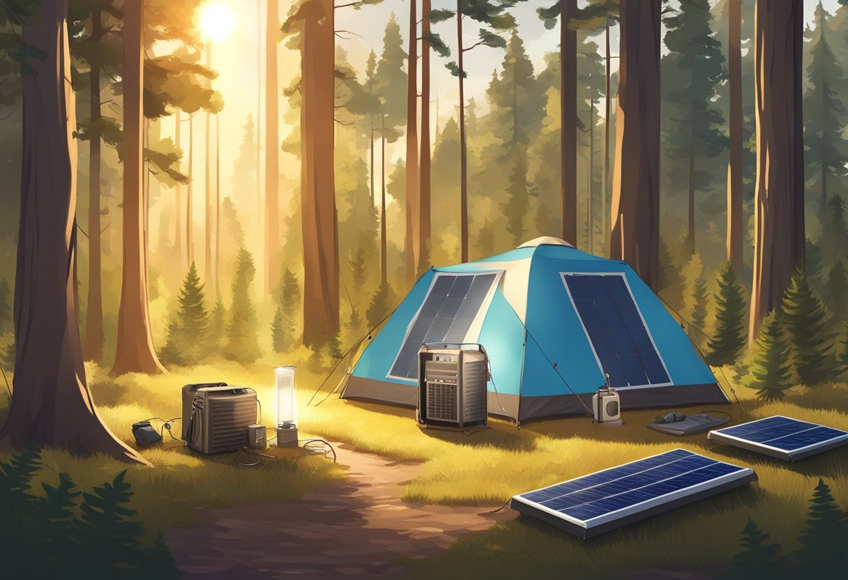 Solar generators surrounded by camping gear in a forest clearing. Sunlight filters through the trees, casting a warm glow on the scene