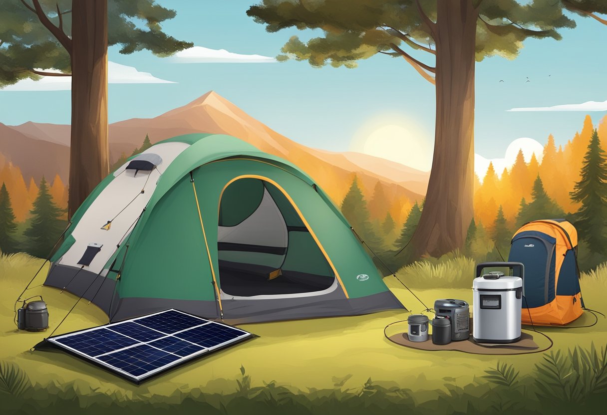An outdoor campsite with a solar generator positioned next to a tent, surrounded by camping gear and a scenic natural backdrop