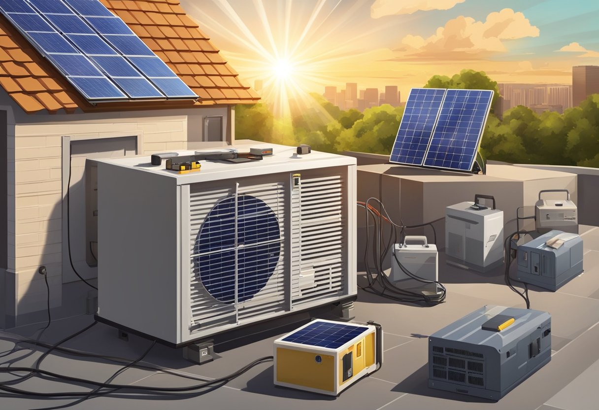 A solar generator sits on a rooftop, surrounded by emergency supplies. The sun shines down, powering the generator to provide electricity during an emergency