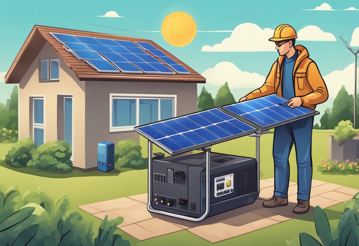 A person sets up a solar generator outdoors, connecting panels and batteries for emergency power supply