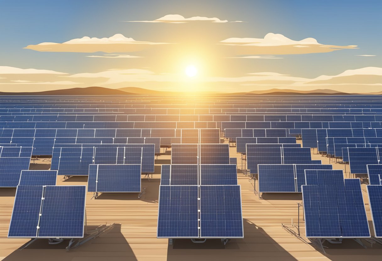 A vast field of solar panels stretches towards the horizon, collecting energy under a clear blue sky. Nearby, a sleek and modern generator hums quietly, harnessing the power of the sun