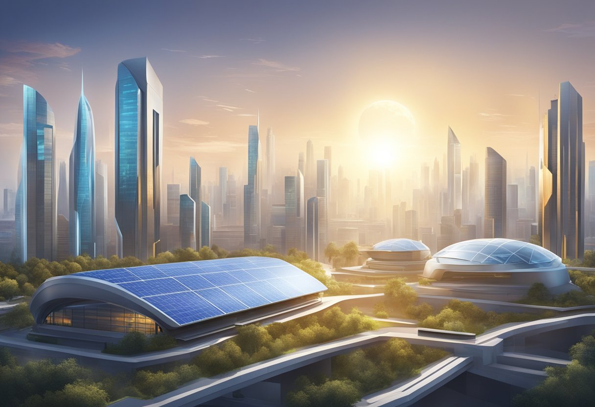 A futuristic city skyline with sleek, solar-powered generators integrated into the architecture, harnessing energy from the sun