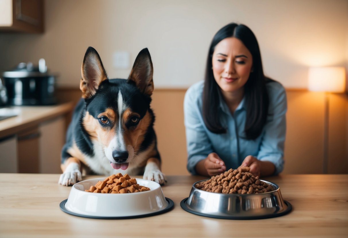 A dog eagerly eats from two bowls: one filled with home-cooked food, the other with commercial dog food. The owner watches, weighing the pros and cons