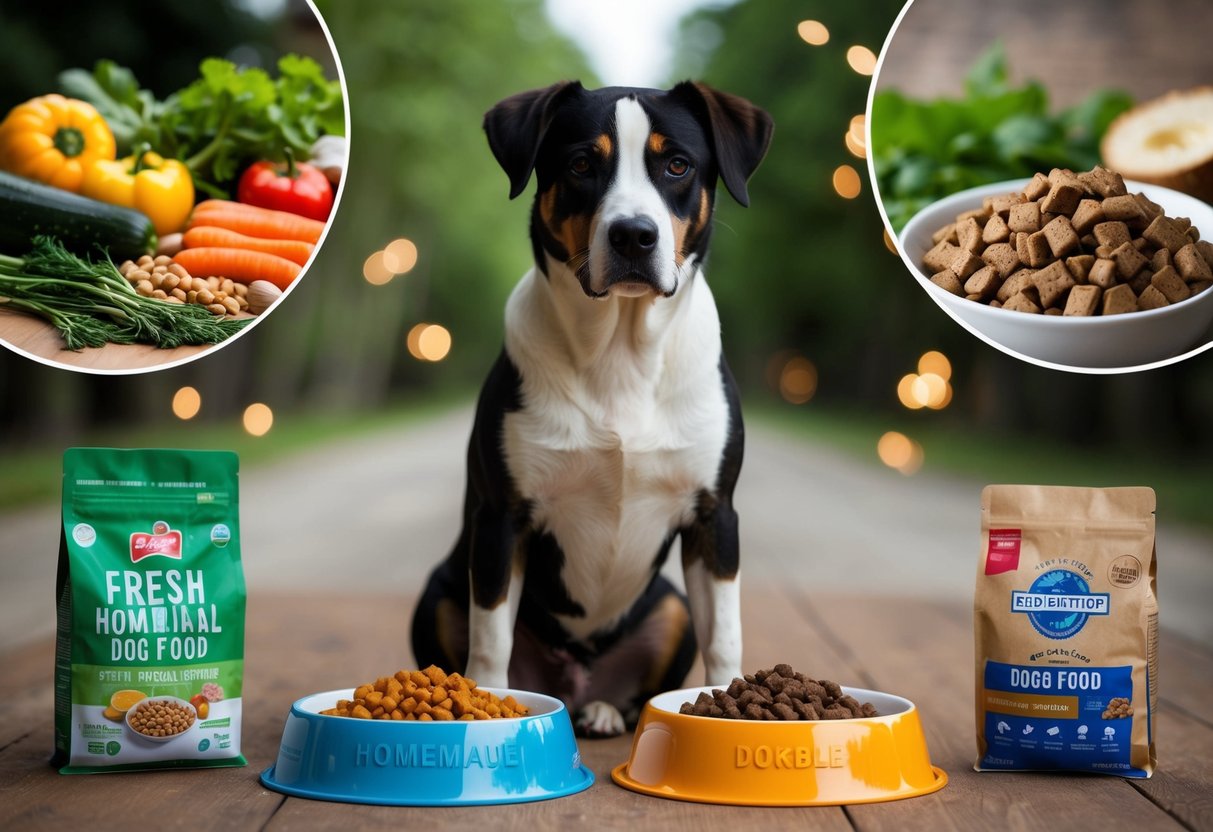 A dog sitting between two bowls - one filled with homemade food, the other with commercial dog food. The dog looks contemplative, surrounded by images of fresh ingredients and packaged kibble