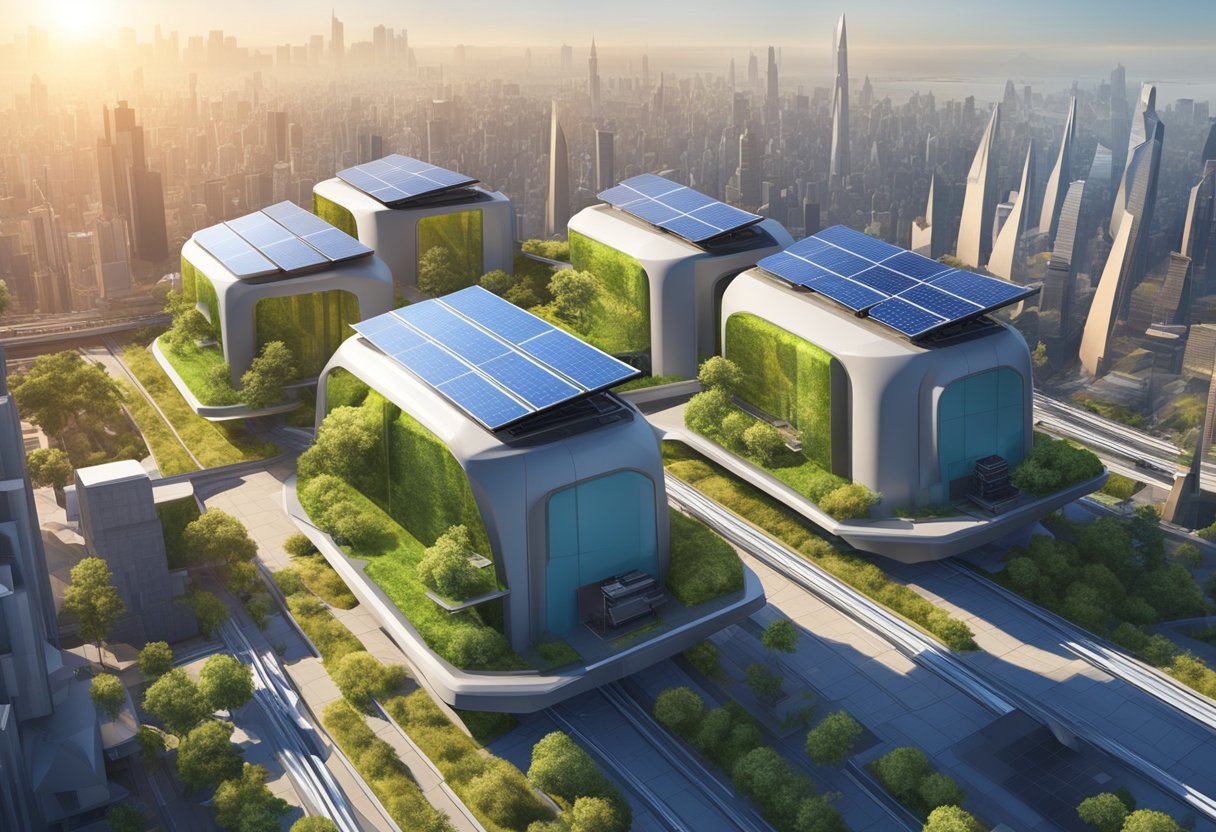 A solar generator powers a futuristic city skyline, with panels and batteries seamlessly integrated into the architecture