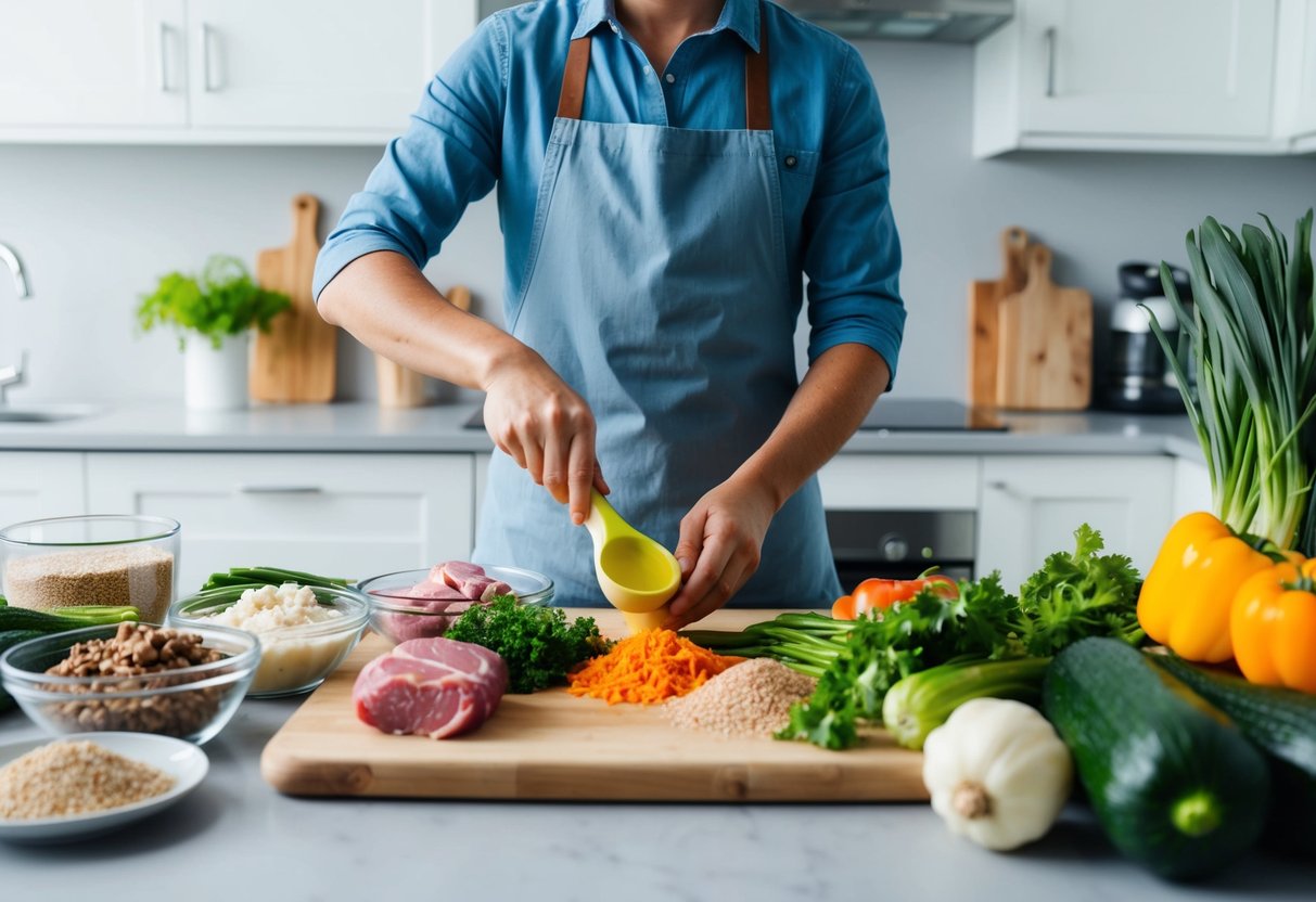 A person preparing a variety of fresh ingredients in a clean kitchen, including meats, vegetables, and grains, to make homemade dog food