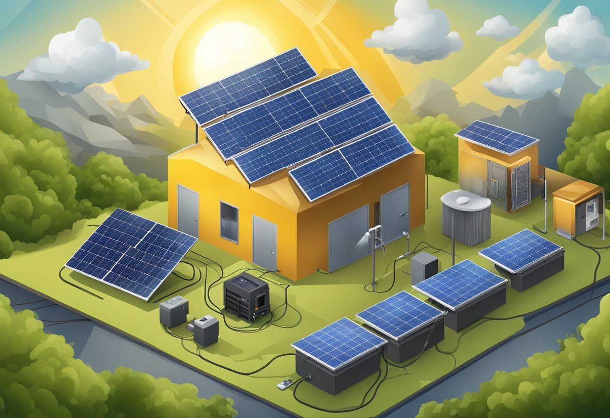 A solar generator surrounded by various environmental elements, such as sun, wind, and clouds, symbolizing the challenges and considerations for its future