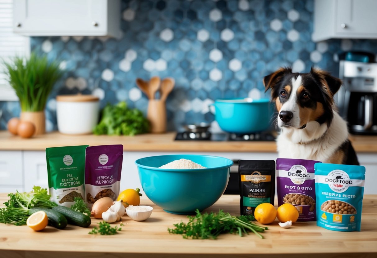 A kitchen counter with fresh ingredients and a mixing bowl, surrounded by various dog food packaging and a concerned looking dog