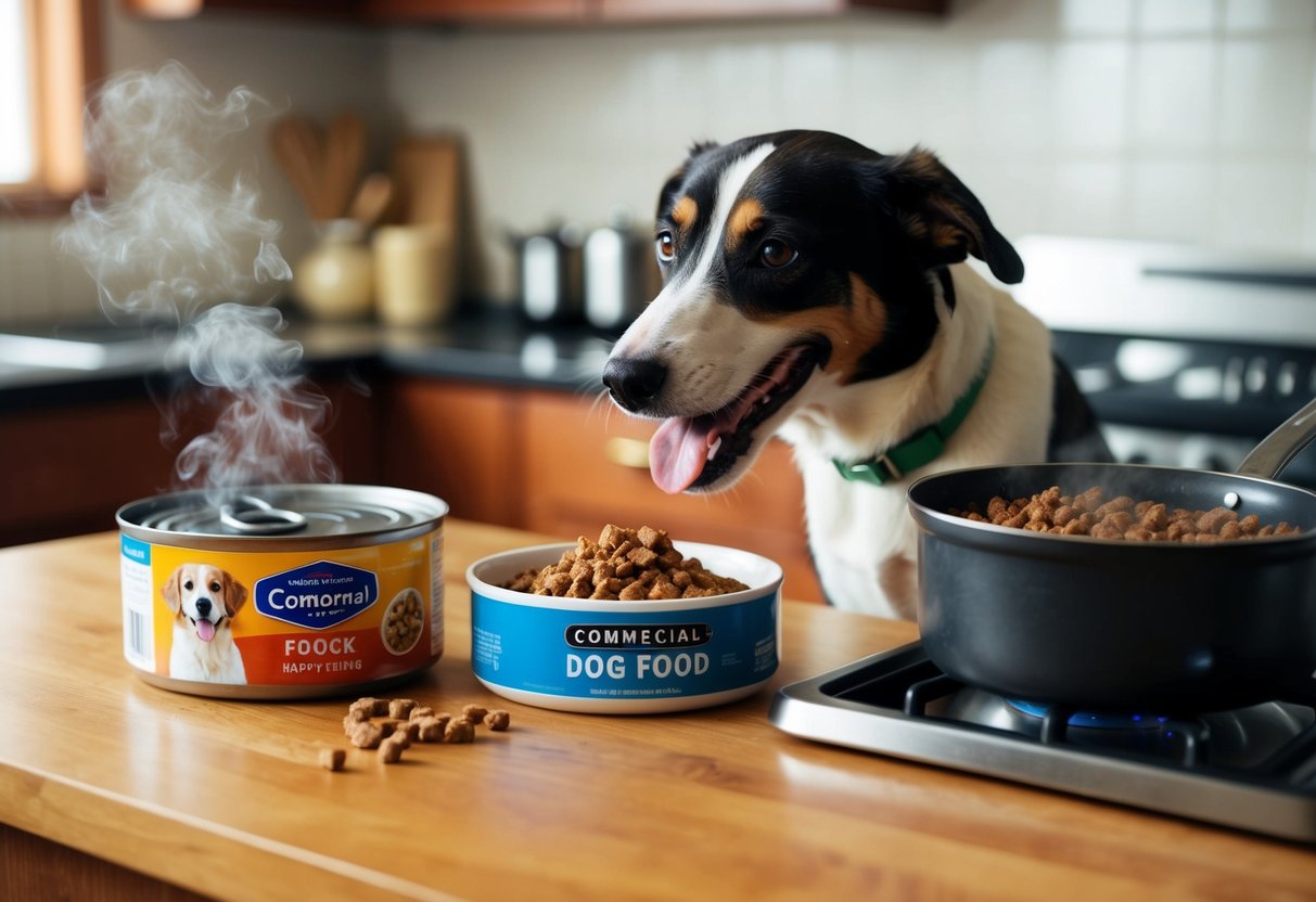 A happy dog eating from a bowl of commercial dog food while a steaming pot of home-cooked dog food sits on the stove