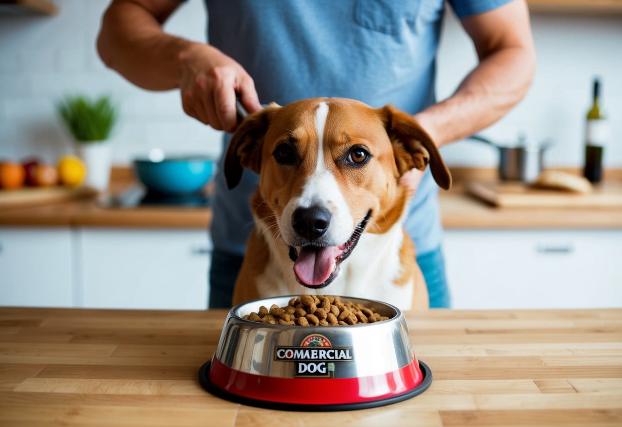 A dog happily eats a bowl of commercial dog food while a person prepares a homemade meal in the background