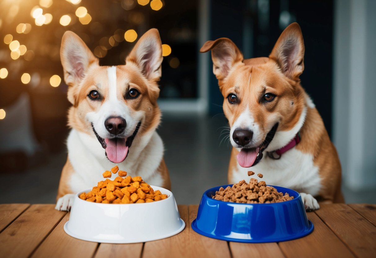 A happy dog eagerly eating from two bowls: one filled with homemade food, the other with commercial dog food