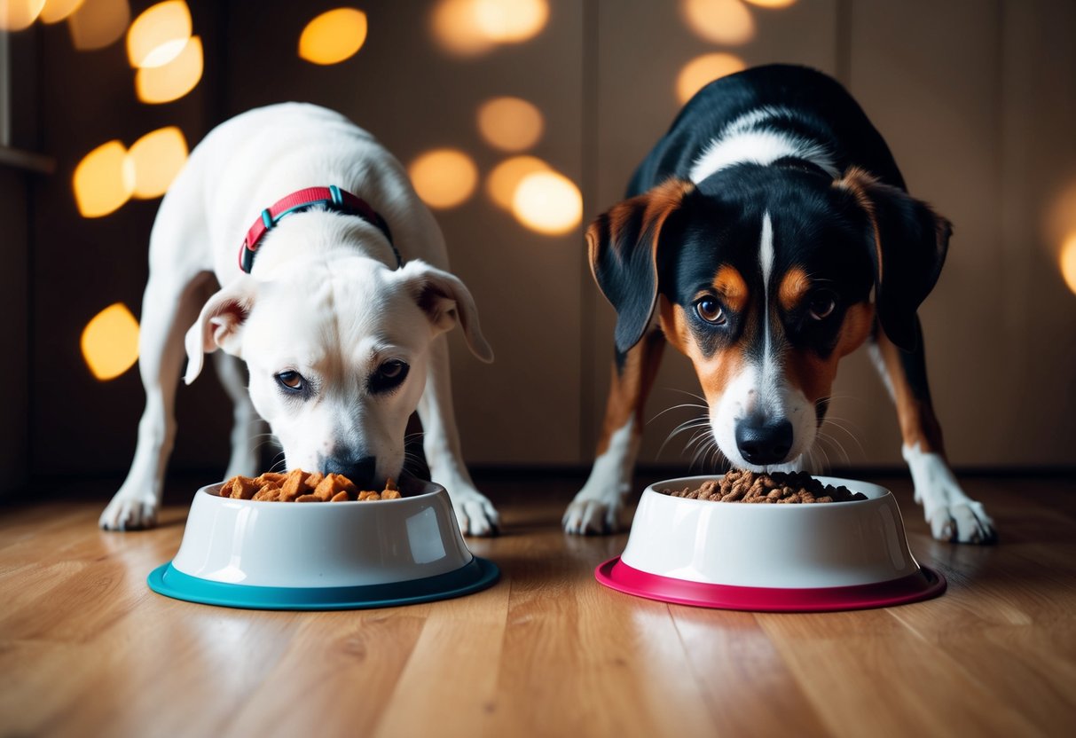 A dog happily eating from two bowls - one filled with homemade food and the other with commercial dog food