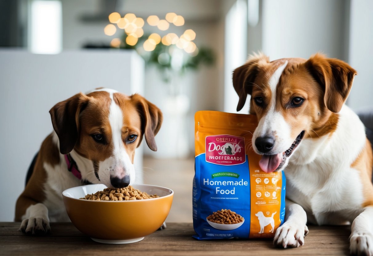 A happy dog eating from a bowl of homemade food while another dog eats from a bag of commercial dog food. Both dogs appear healthy and content