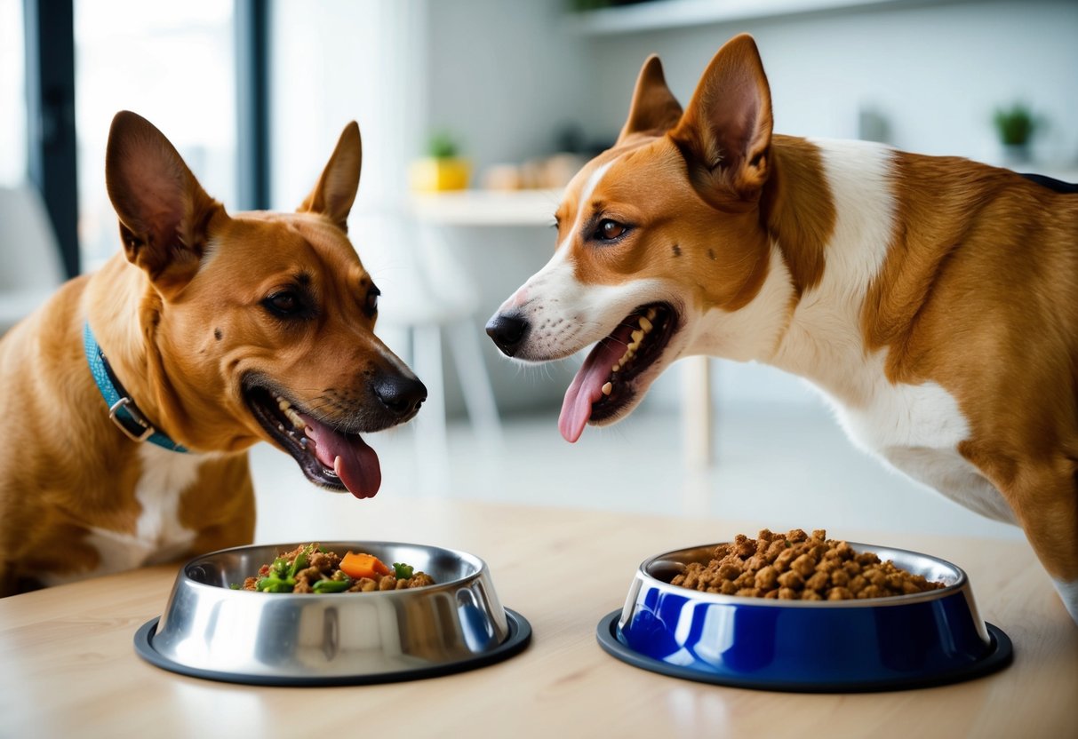 A happy dog eating from two separate bowls - one filled with home-cooked food and the other with commercial dog food