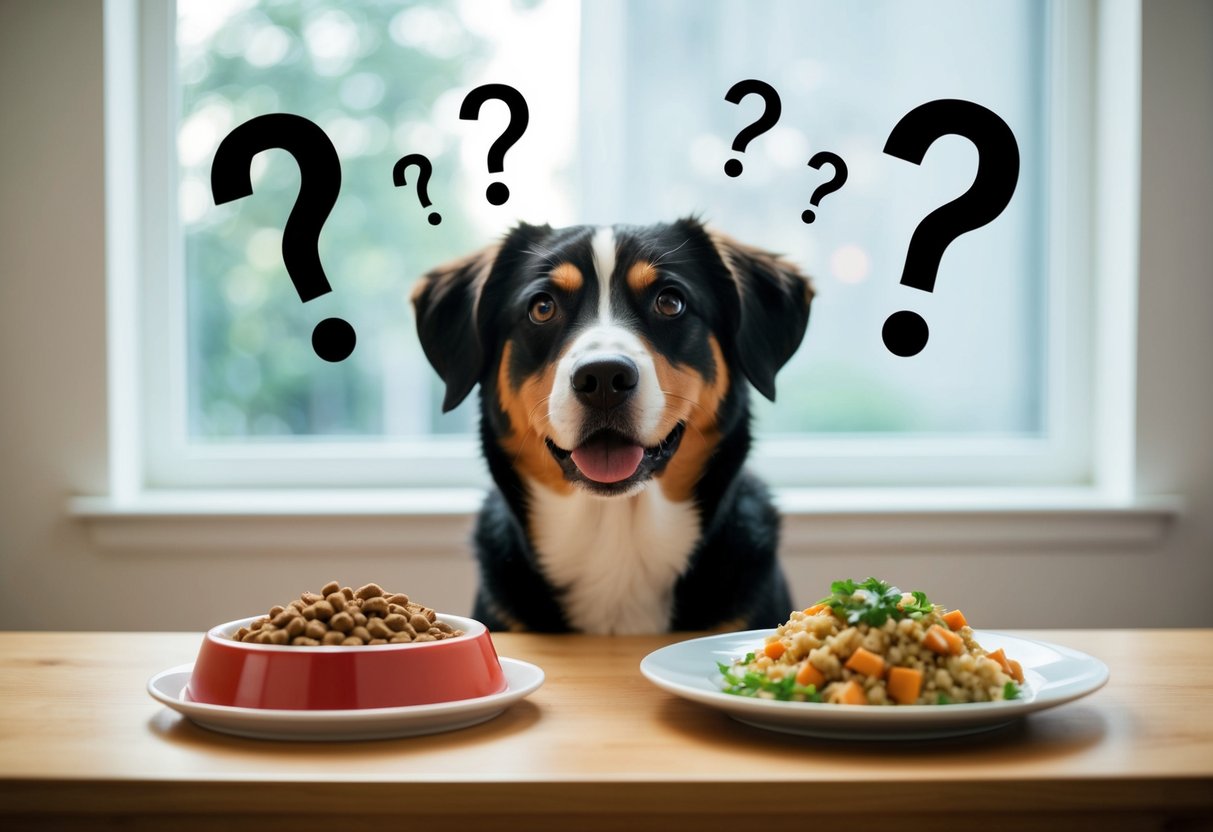 A dog with a bowl of commercial dog food on one side and a plate of home-cooked food on the other, with question marks floating above