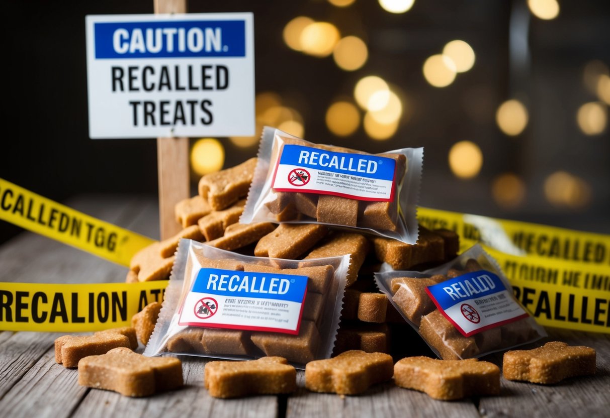 A pile of dog treats with a red "Recalled" stamp on the packaging, surrounded by caution tape and warning signs