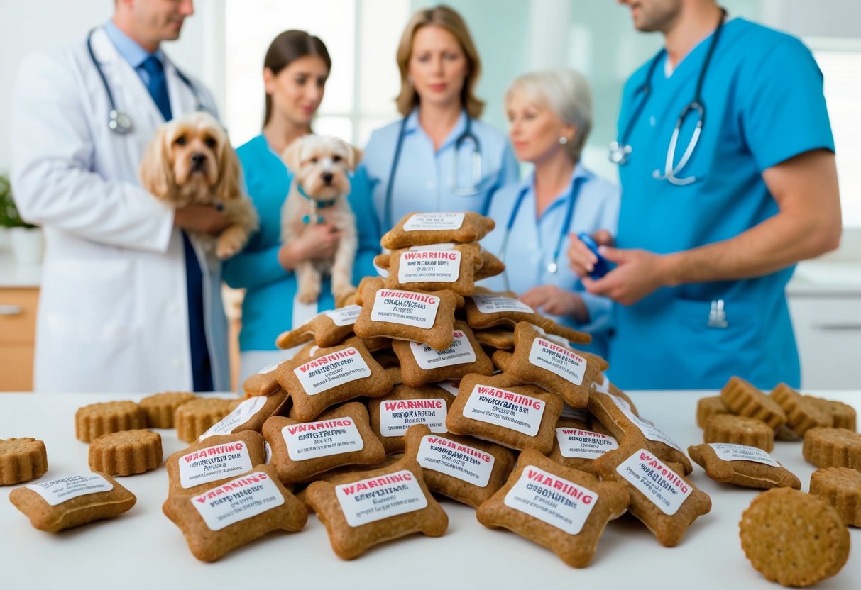 A pile of dog treats with warning labels, surrounded by concerned pet owners and a veterinarian