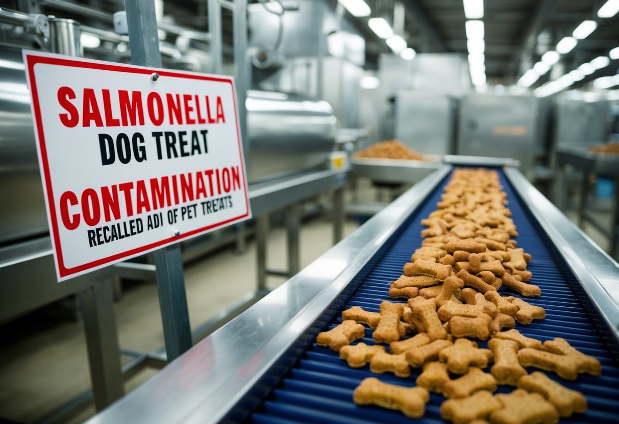 A dog treat factory with a large sign reading "Salmonella Contamination" and a conveyor belt filled with recalled pet treats