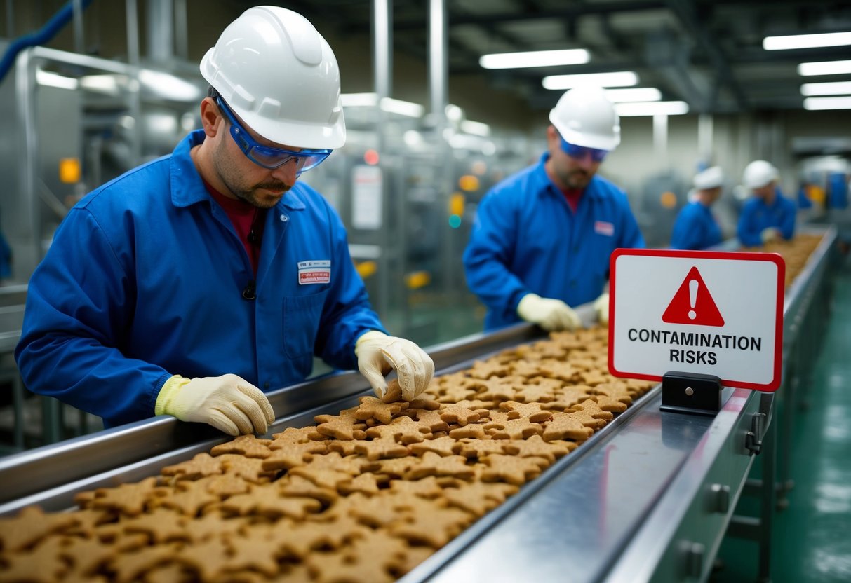 A factory worker in protective gear inspects a conveyor belt of dog treats, while a sign warns of contamination risks