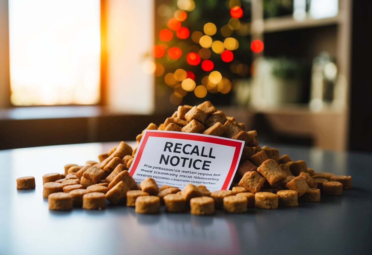 A pile of dog treats with a red recall notice on a table