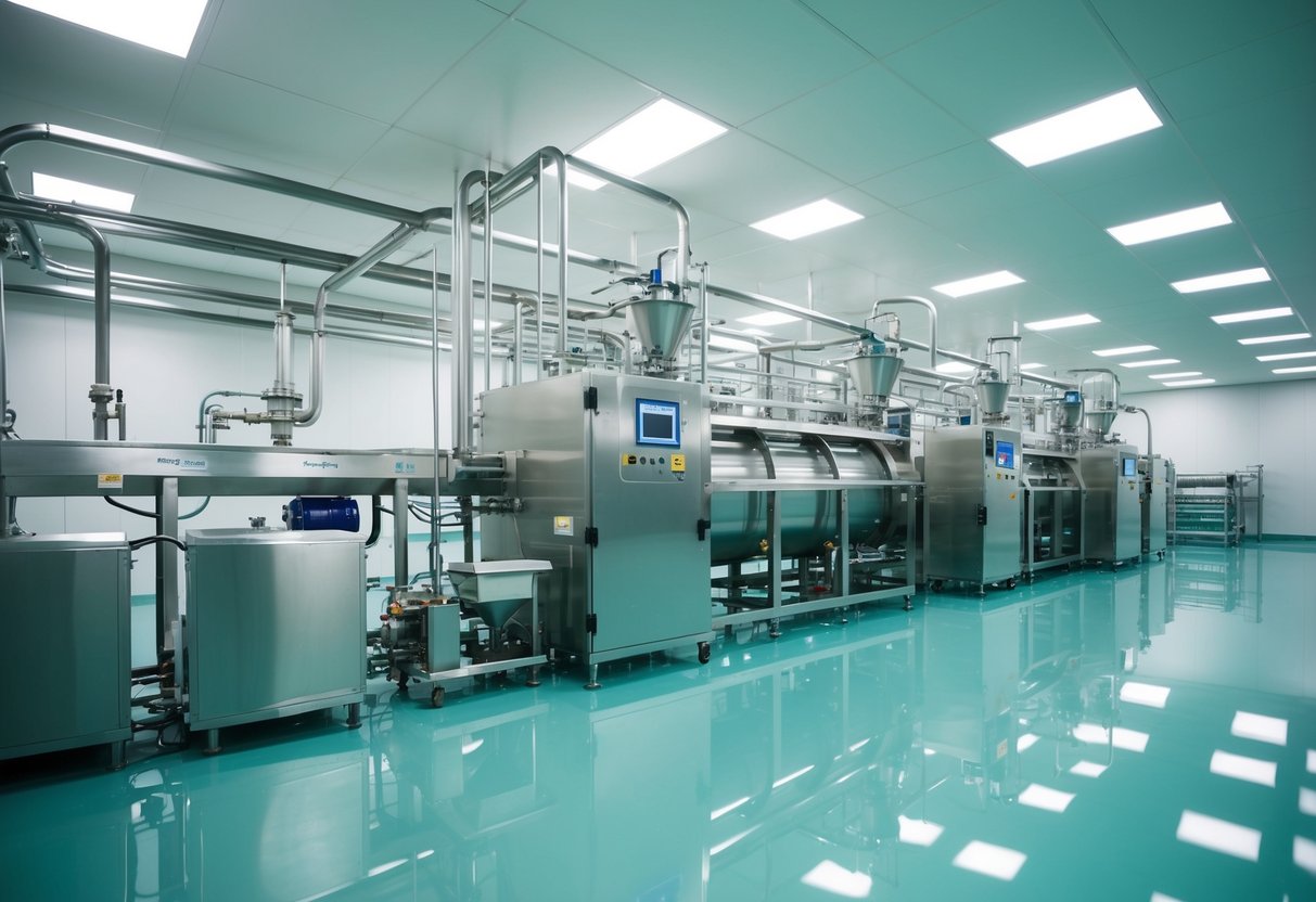 A modern pet food production facility with advanced safety equipment and technology, ensuring the highest standards of cleanliness and quality control