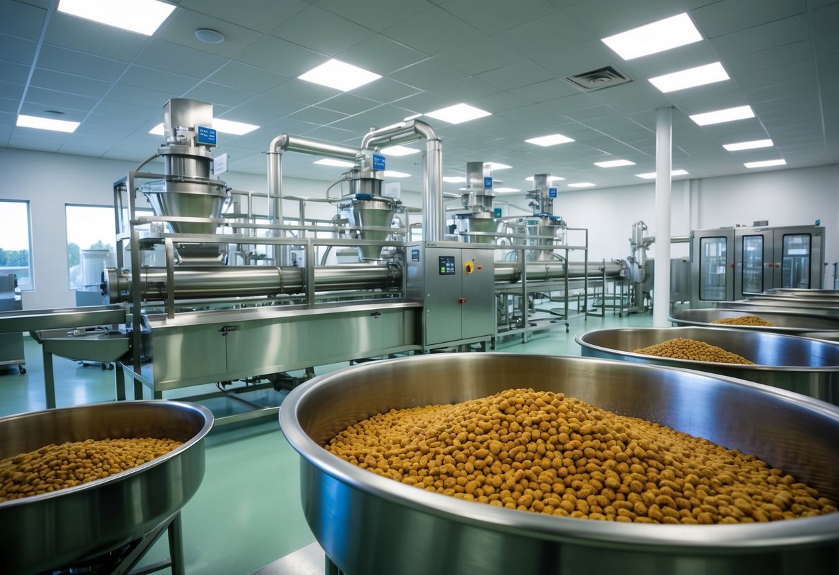 A modern pet food processing facility with advanced safety measures and quality control systems