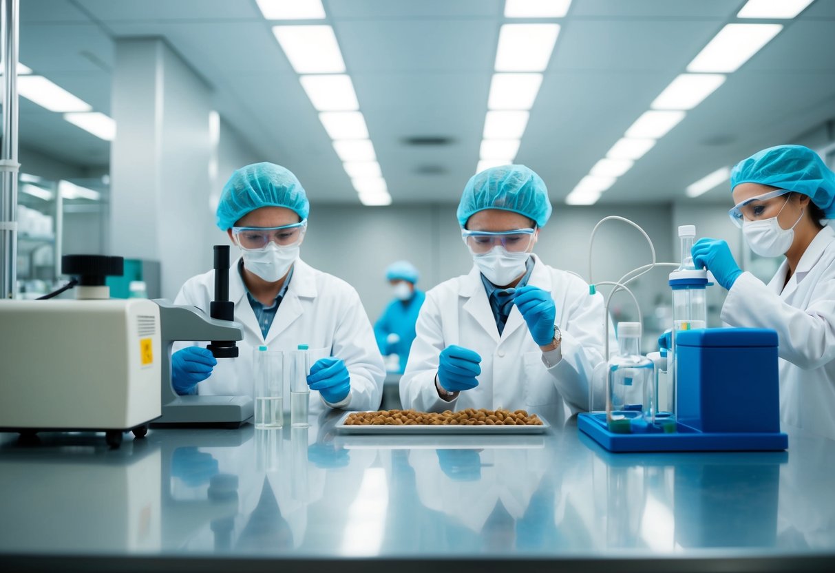 A modern pet food testing lab with advanced equipment and scientists conducting experiments to ensure the safety and quality of pet food products