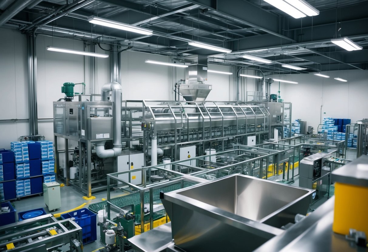 A modern pet food production facility with advanced safety equipment and technology, surrounded by a growing industry of suppliers and distributors