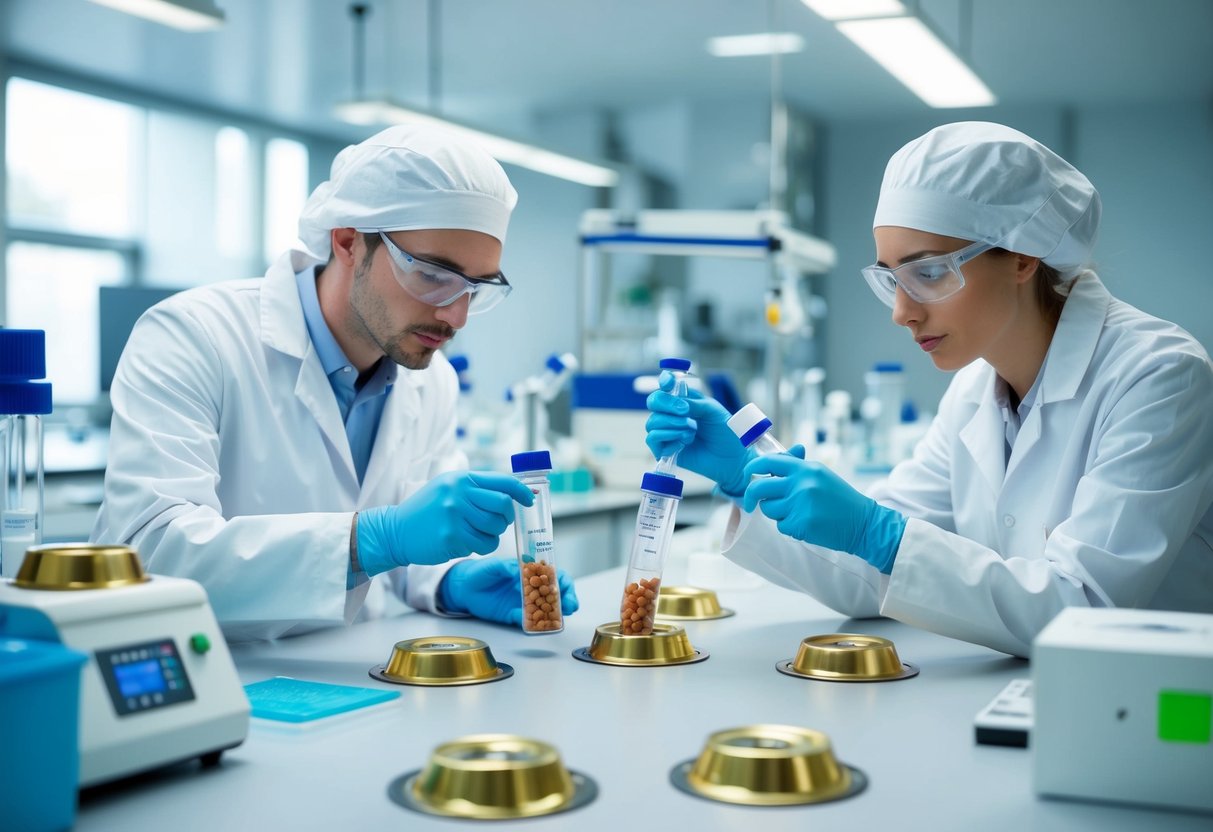 A modern, sterile laboratory with pet food samples being tested for safety and quality, scientists working with innovative equipment