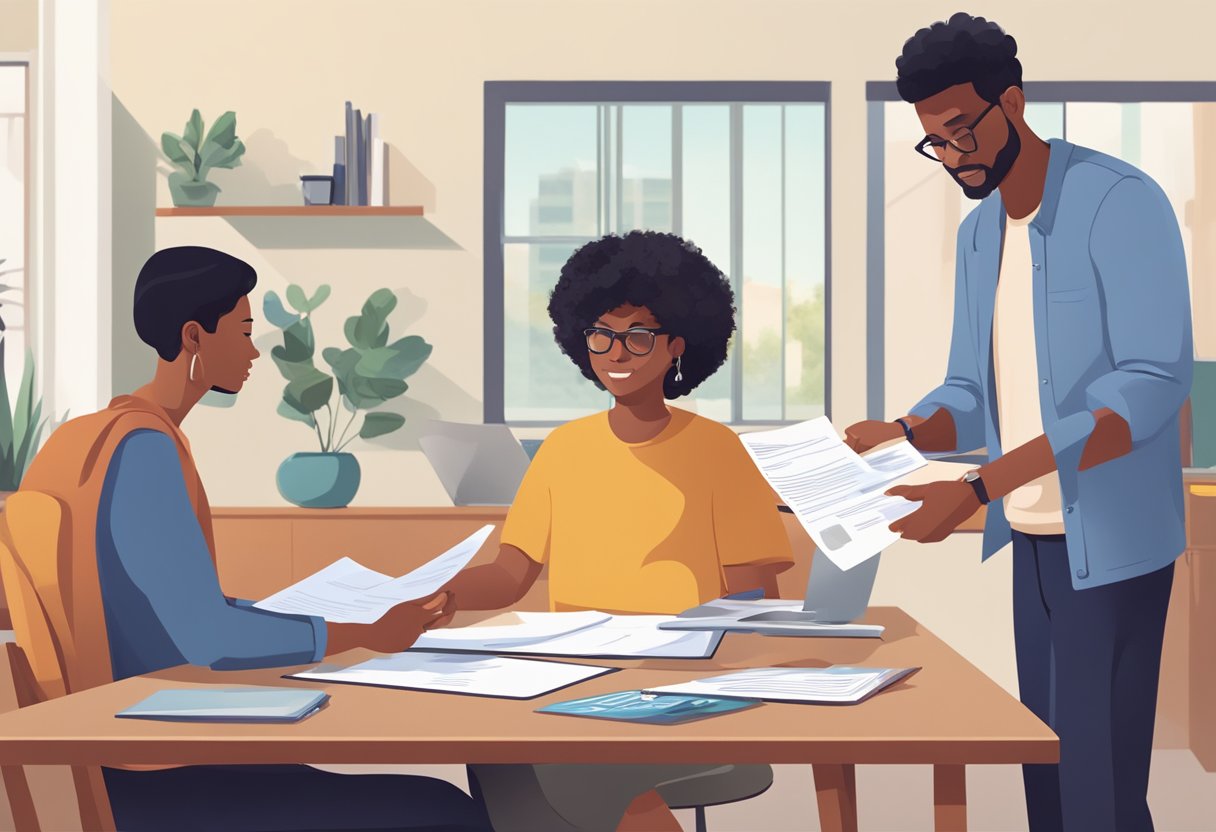 A family member hands over a document to another family member. They are seated at a table, with a laptop and paperwork in front of them