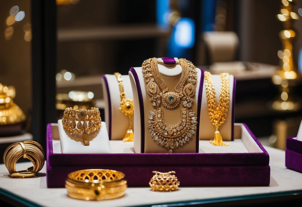 A display of intricate gold jewelry on a velvet-lined tray