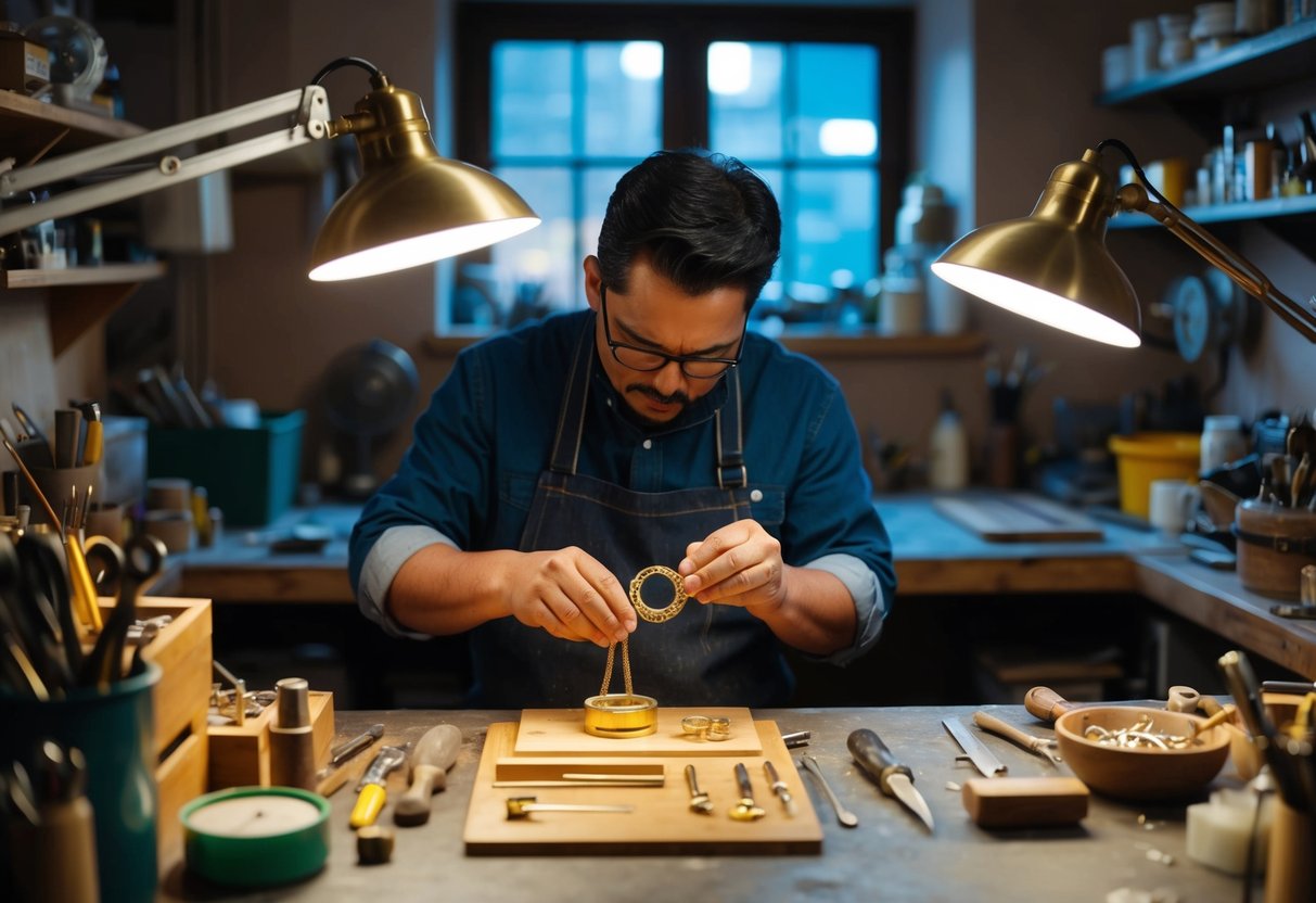 A skilled artisan carefully crafts a custom gold jewelry piece, surrounded by a variety of tools and materials on a cluttered workbench