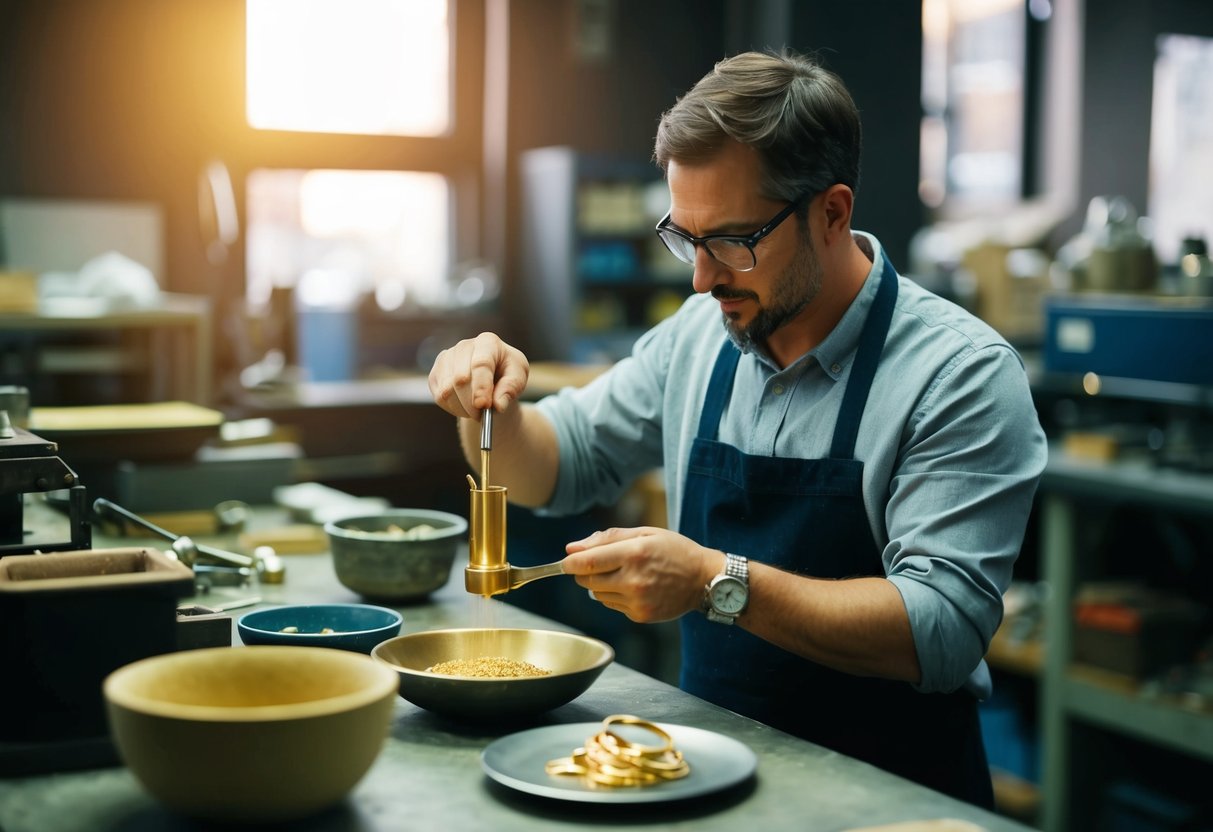 A jeweler carefully measures and mixes gold with other metals in a small workshop, creating a custom alloy for a piece of unique jewelry