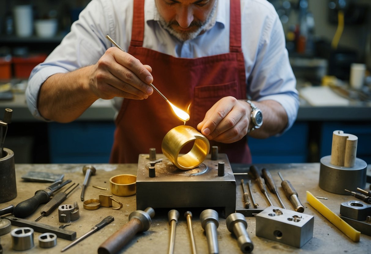 A jeweler carefully molds molten gold into a unique custom jewelry design, surrounded by various tools and molds on a cluttered workbench