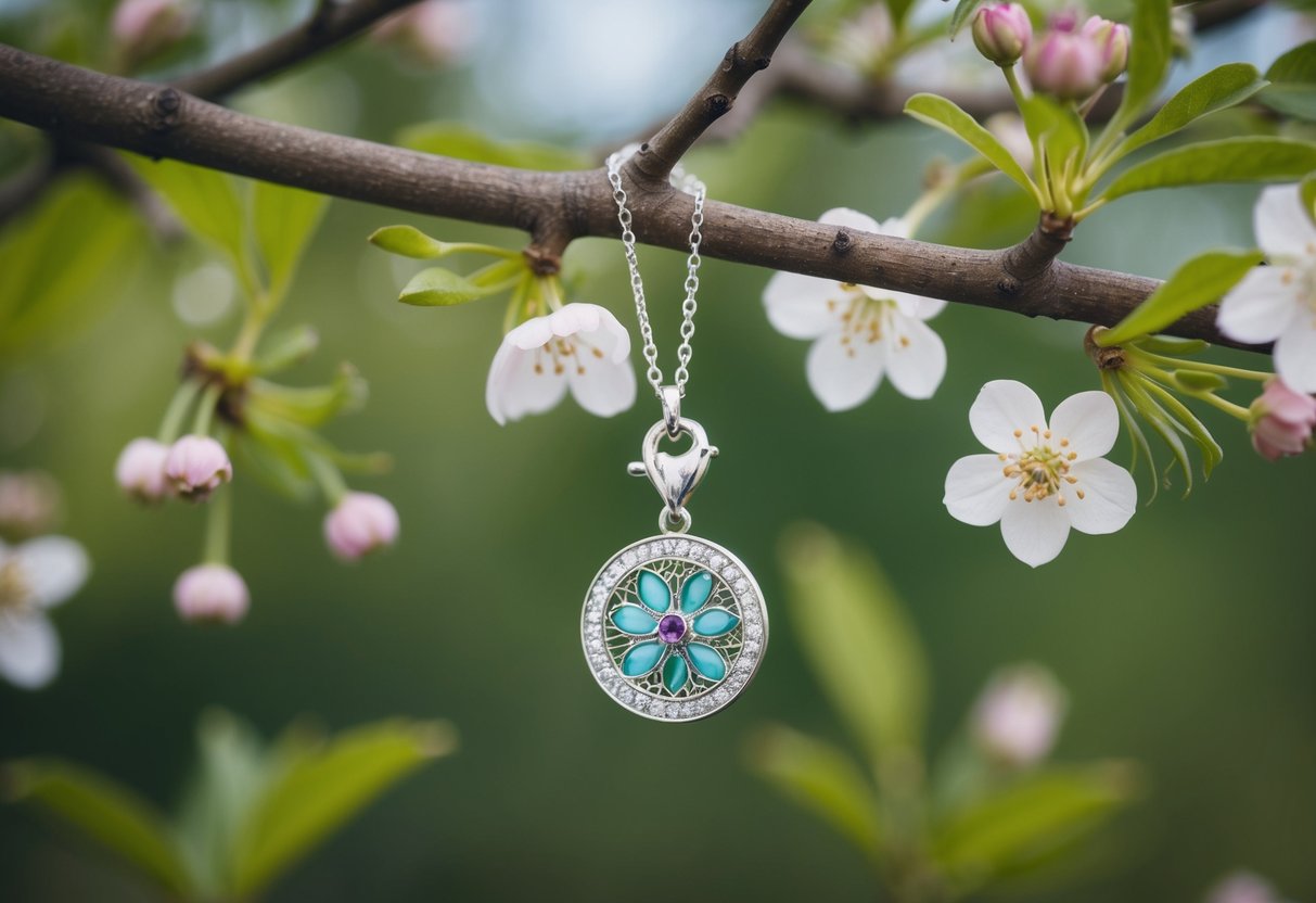 A charm necklace hanging from a tree branch, surrounded by delicate flowers and leaves