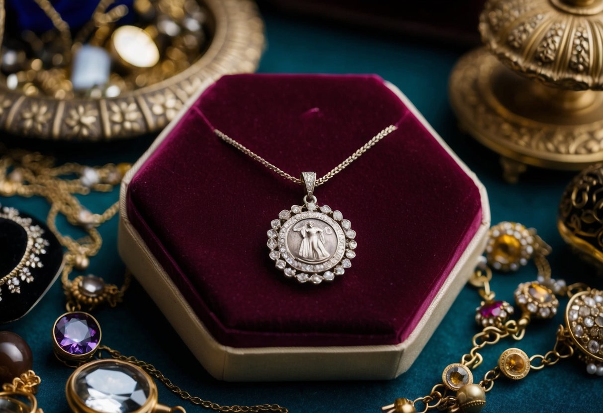 A vintage charm necklace displayed on a velvet cushion, surrounded by antique jewelry and trinkets