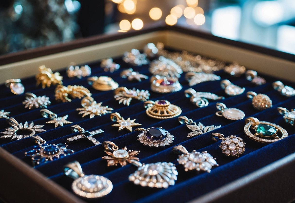 A display of various charm necklaces arranged on a velvet-lined tray, catching the light with their intricate designs and sparkling gemstones