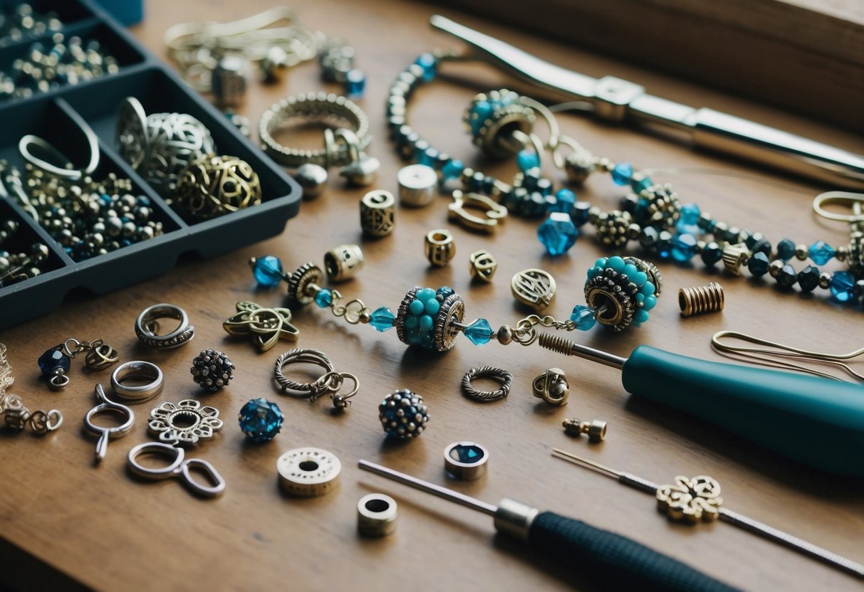 A workbench with delicate tools and intricate beads, wire, and charms scattered about, ready to be assembled into a beautiful charm necklace