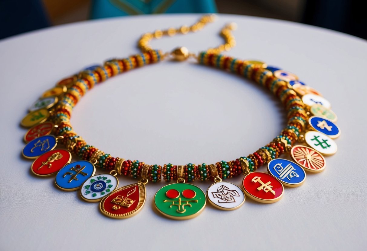 A table adorned with a colorful charm necklace, featuring symbols of cultural significance from various traditions