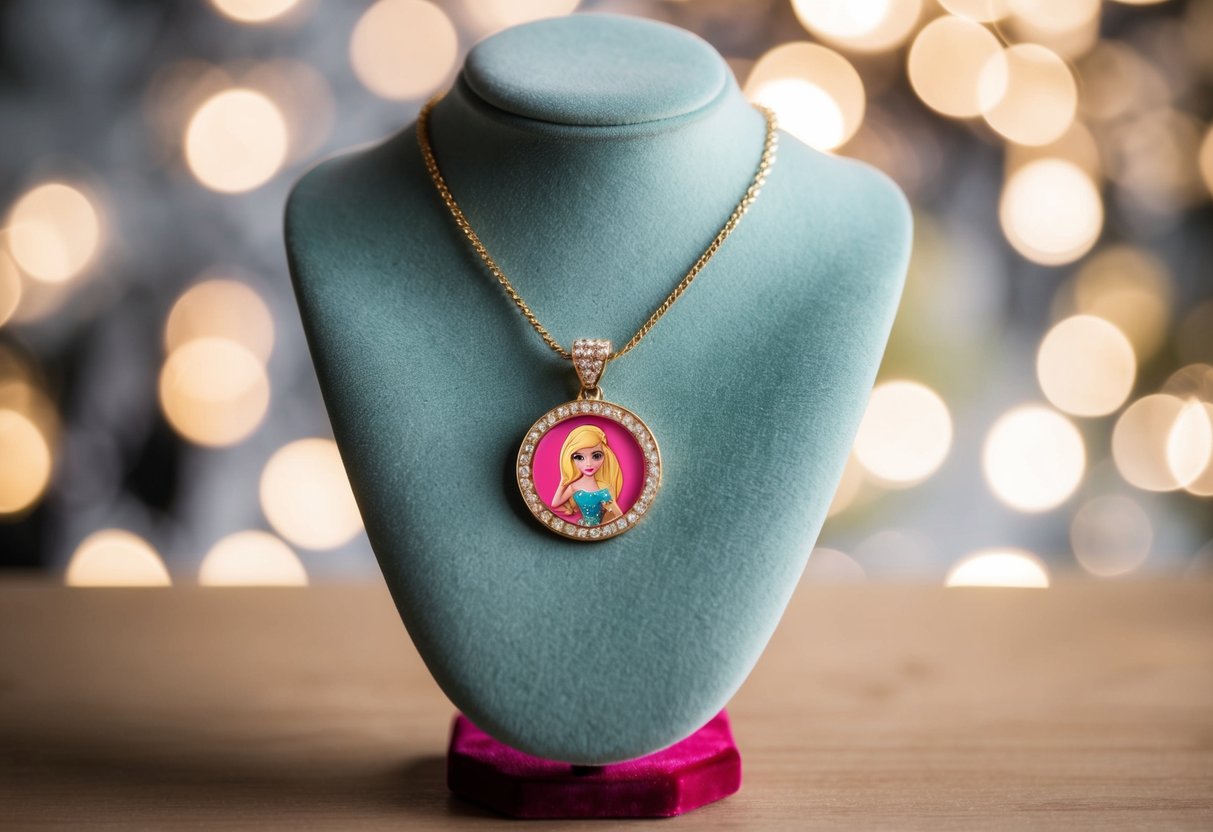 A personalized Barbie necklace displayed on a velvet jewelry stand