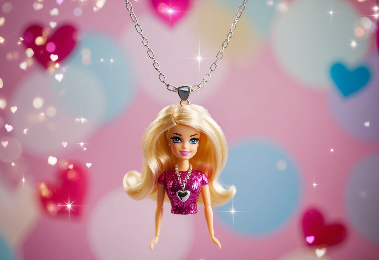 A small, glittering Barbie necklace hangs from a delicate silver chain, surrounded by sparkles and hearts