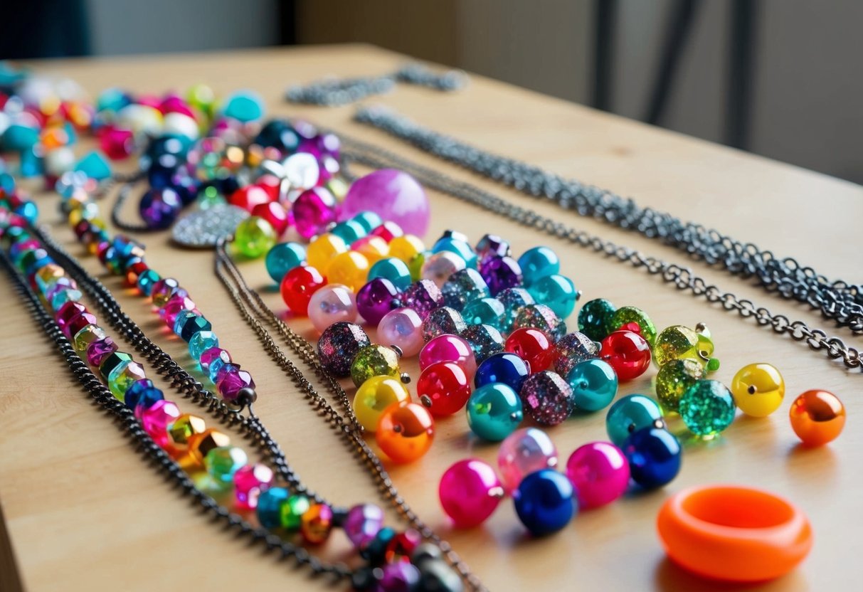 A table with various colorful beads, sparkly charms, and delicate chains spread out for designing personalized Barbie necklaces