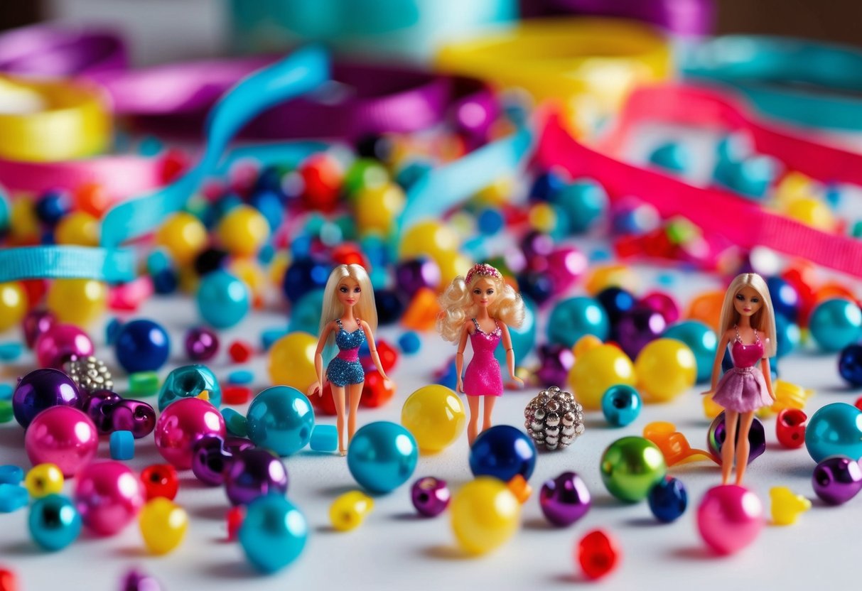 A table scattered with colorful beads, ribbons, and miniature Barbie dolls for creating personalized necklaces