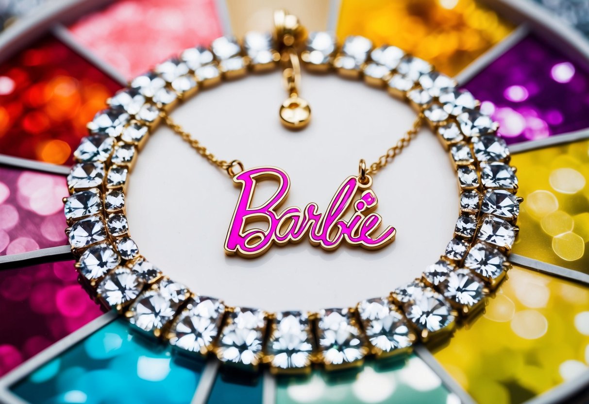 A sparkling Barbie necklace surrounded by various color and style options