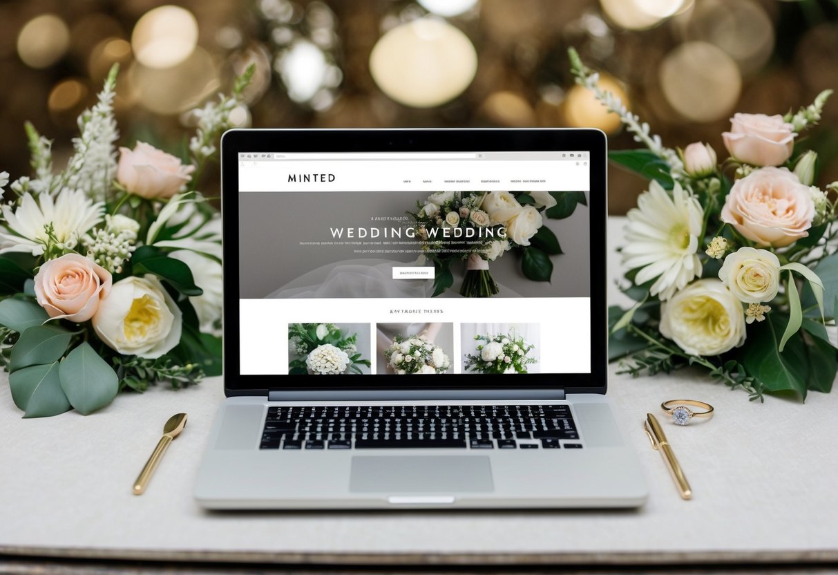 A laptop displaying a minted wedding website, surrounded by floral decorations and a wedding ring